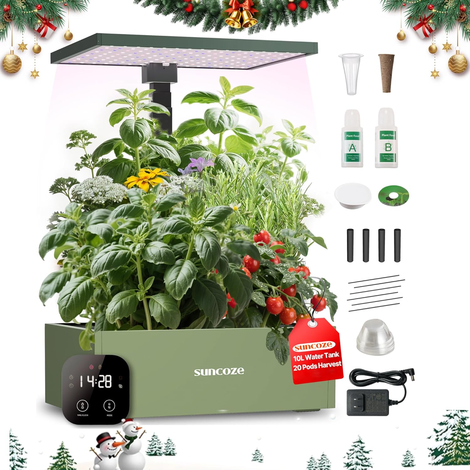 SUNCOZE 20 Pods Hydroponics Growing System Kit, Indoor Herb Garden with Grow Light 30W, 10L Large Water Tank with Adjustable Height to 25", Quiet Pump, Gardening Gifts, Green