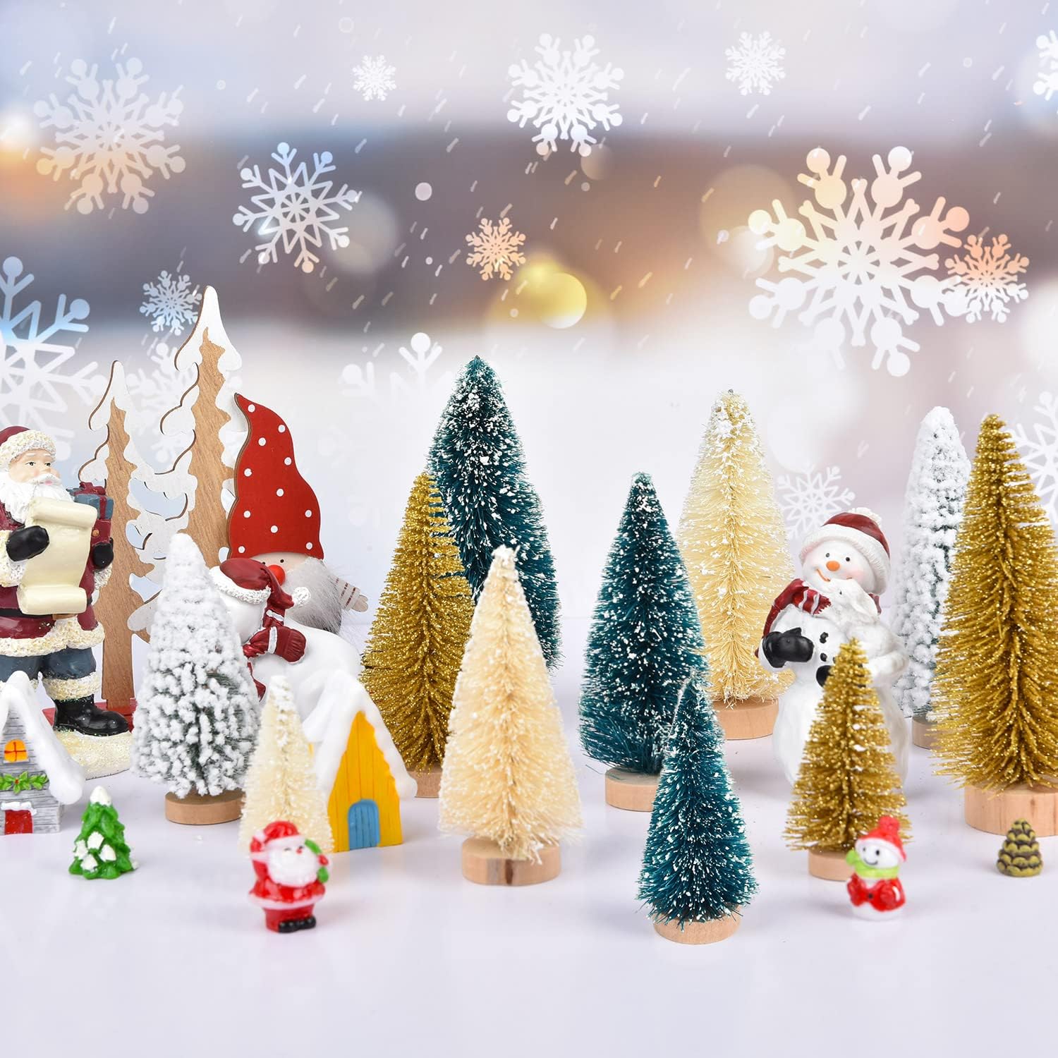 DearHouse 33PCS Artificial Mini Christmas Trees, Mini Pine Tree Sisal Trees with Wood Base Bottle Brush Trees for Christmas Table Top Decor Winter Crafts Ornaments
