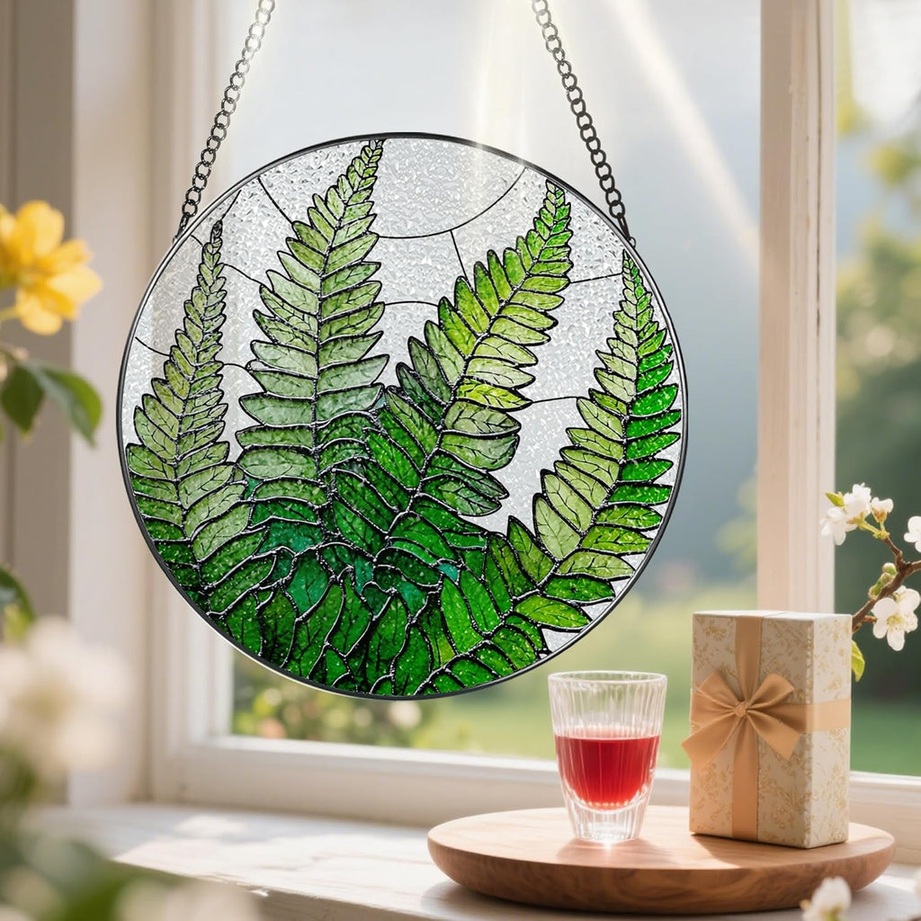 8-Inch Stained Glass Ornament, Stained Glass Window Hanging, Window Hanging Decor Suncatcher, Fern Plant Ornament | Christmas, Mother's Day, Birthday | Gifts for Mom, Grandma Gifts, Plant Lover Gift