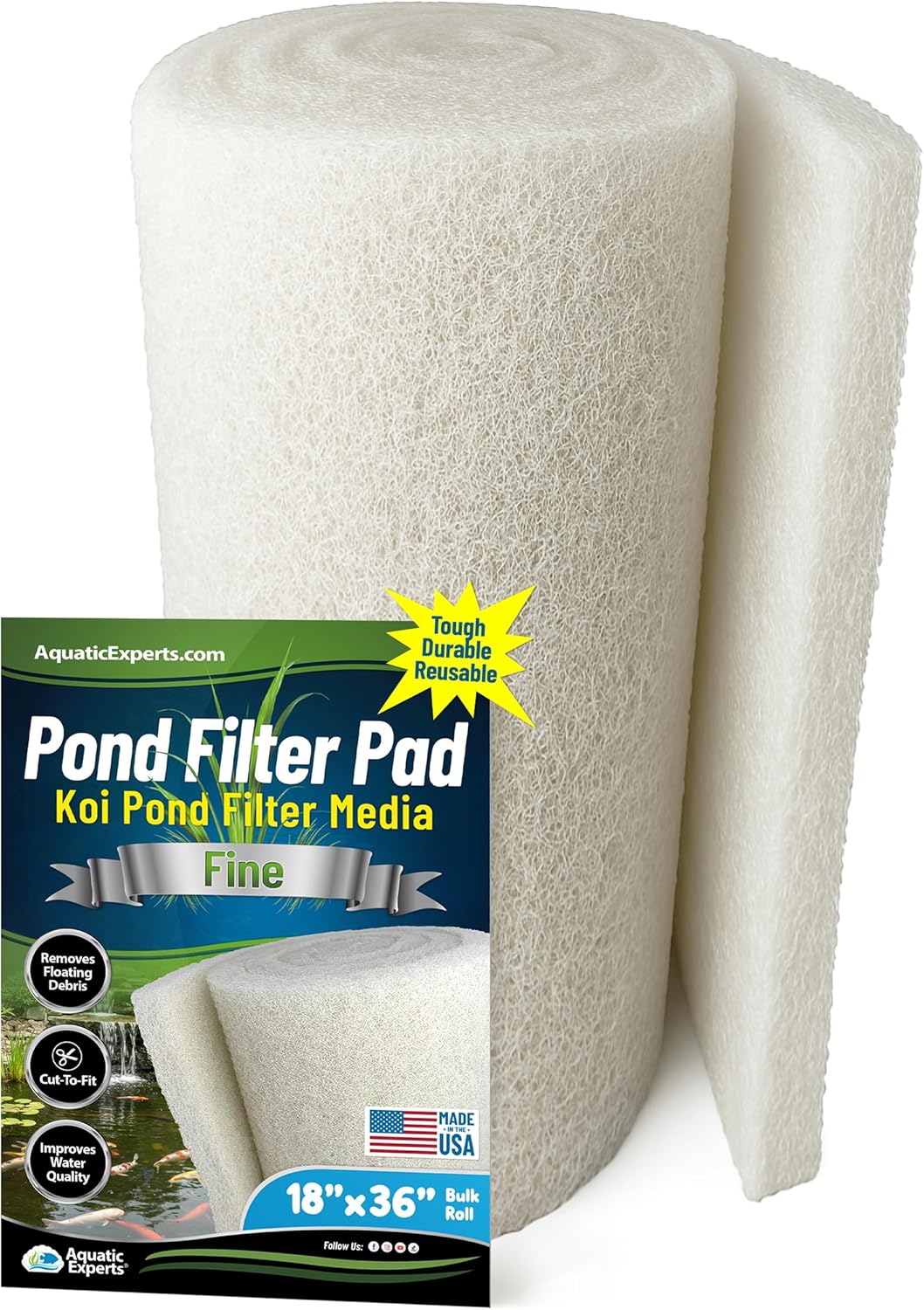 Aquatic Experts Classic Koi Pond Filter Pad FINE - White Bulk Roll Pond Filter Media, Ultra-Durable Pond Filters for Outdoor Ponds, Reusable Fish Pond Filter Material, USA, (18" x 36", Fine (White))