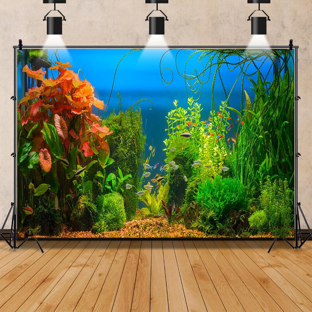 AOFOTO 10x8ft Aquarium Backdrop Decoration Blue Ocean Fish Deep Water Plants Seabed Scene Underwater Scene Background for Photography Kids Adults Birthday Party Events Photo Studio Props Vinyl