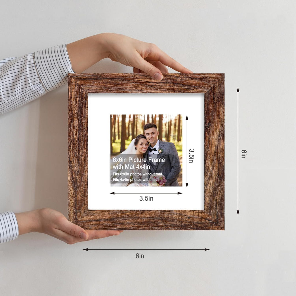 6x6 Picture Frame Set of 4, Made of Glass and Rustic Brown Wooden Frame - Display Picture 4x4 with Mat or 6 x 6 Without Mat, 6x6 Photo for Wall or Tabletop