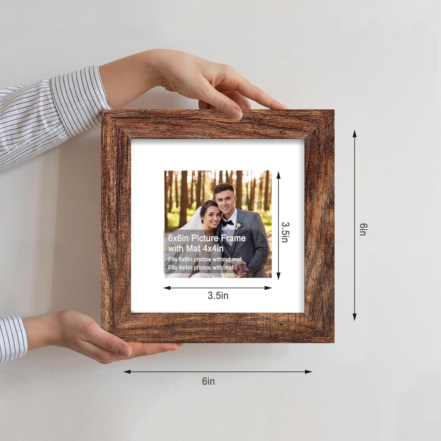 6x6 Picture Frame Set of 4, Made of Glass and Rustic Brown Wooden Frame - Display Picture 4x4 with Mat or 6 x 6 Without Mat, 6x6 Photo for Wall or Tabletop
