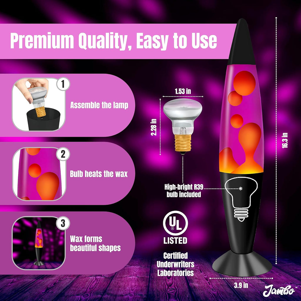 JAMBO 16" Beautiful Lamp- Purple with Yellow/Orange Wax, Relaxing Liquid Lamp for Living Room Office Bedroom Adults Teens Kids, Magma Light, Night Light Nightlight, Home Decor