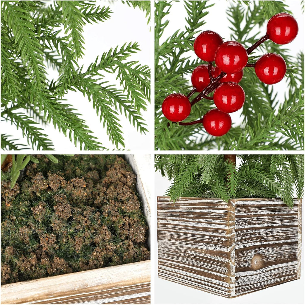 Briful 23.6'' Mini Table Top Christmas Tree with Red Berries – Small Faux Cypress Christmas Tree with Rustic Wooden Base, Realistic Norfolk Pine Tree for Home Office Desk Holiday Centerpiece Decor