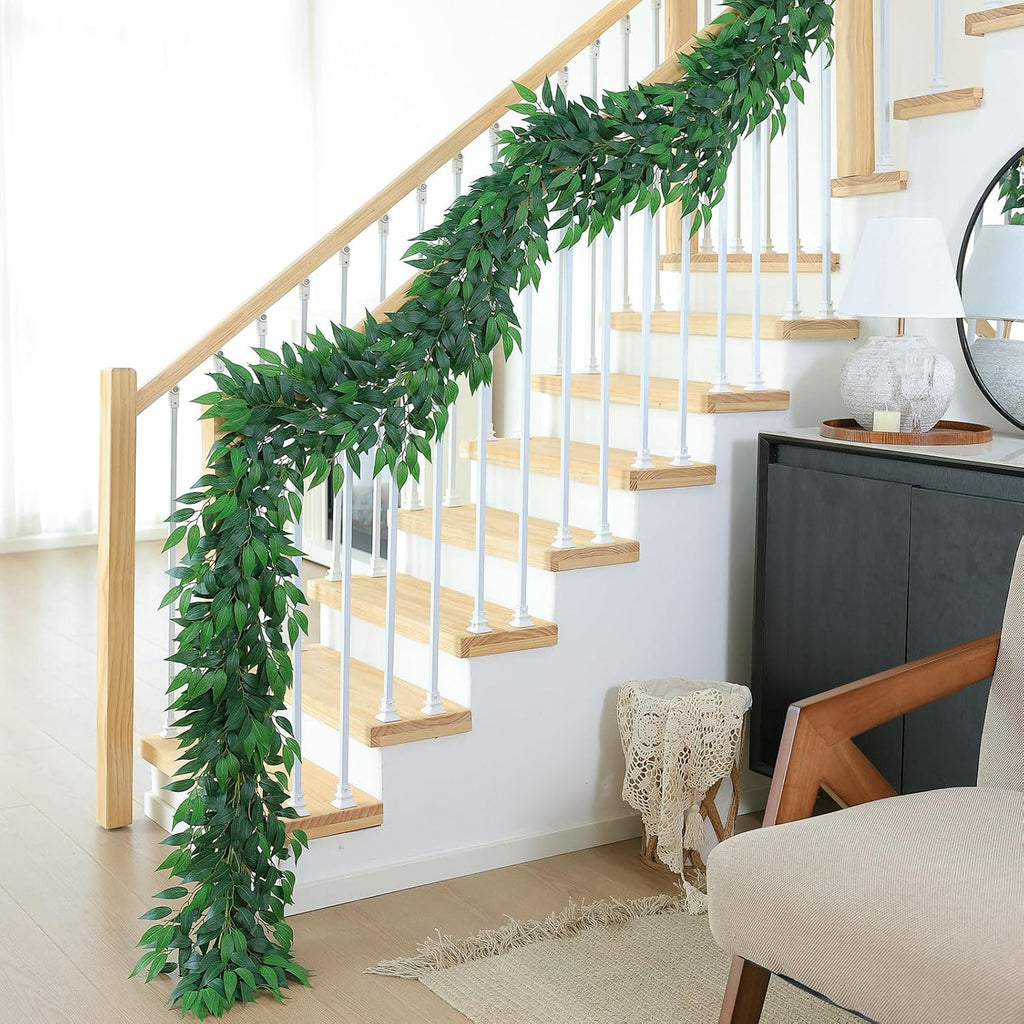 mizii Artificial Vines Garland 6.5 Feet Faux Italian Ruscus Vine Greenery Garland Silk Green Leaves Decoration Fake Plants Greenery for Table Centerpieces Home Room Wall Wedding Arch Decor (6.5 feet)