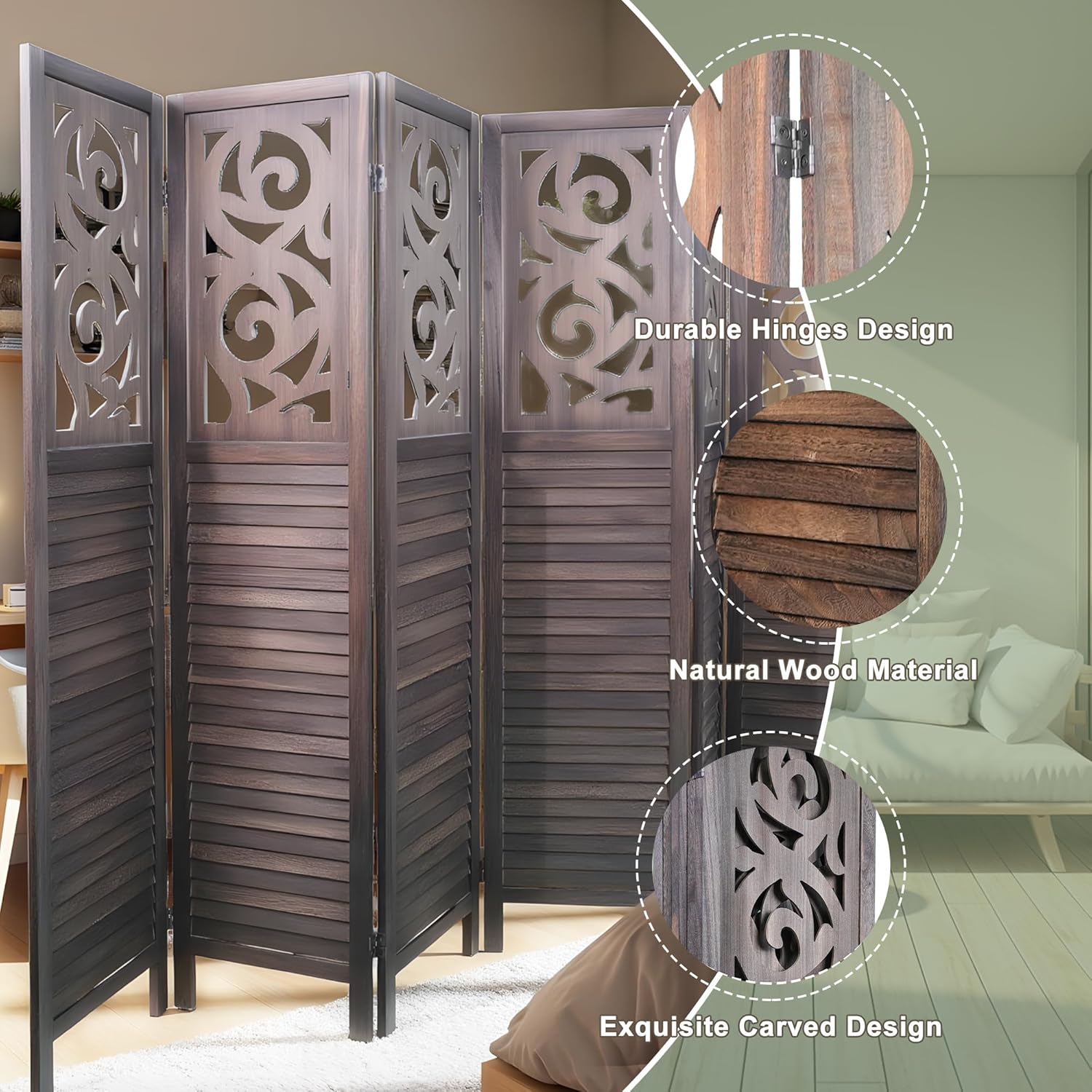 6 Panel Room Dividers 6FT Wall Divider Carved Wood Room Separator Folding Privacy Screens Cutout Design Foldable Partition Wall for Office Restaurant, Studio Apartment, Rustic Brown