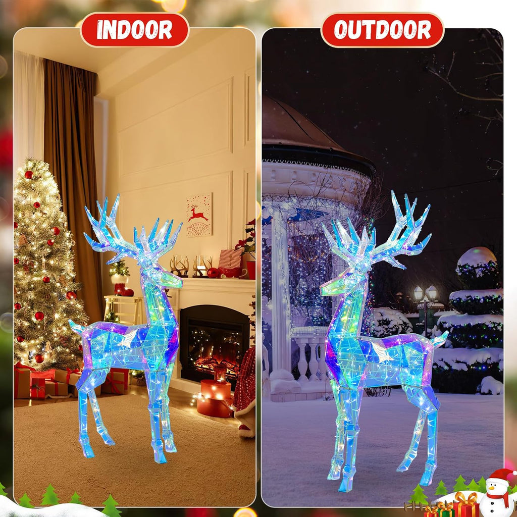 60" Pre-lit Christmas Reindeer, Outdoor Prismatic Iridescent Reindeer with 160 LED Lights, Stakes, Large Lights Up Deer Christmas Decorations Holiday Display for Yard Garden Patio