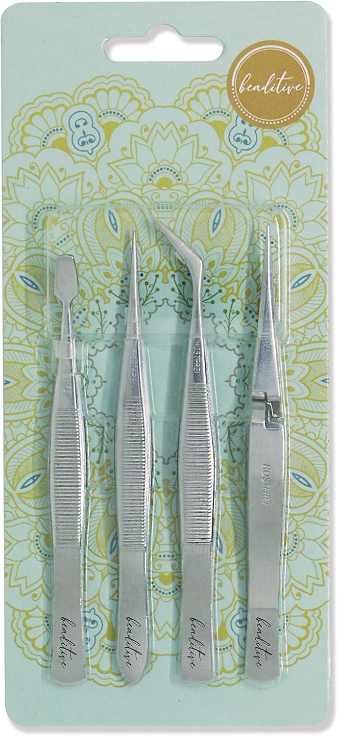 Beaditive Professional Stainless-Steel Precision Tweezer Set – Craft Tweezers for Jewelry & Nail Art – 4 Piece High Precision Jewelry Picking Tools – Jewelry Tools with Non-Serrated Tips