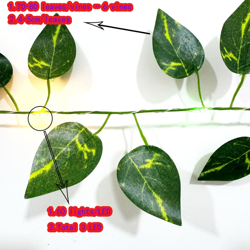 6 Pcs Artificial Hanging Plants Pothos Vines with 60 Warm Lights, Pothos Vine Leaves, Fake Plant Vine Hanging Garland for Wall, Party Wedding, Home, Kitchen, Indoor and Outdoor Decoration