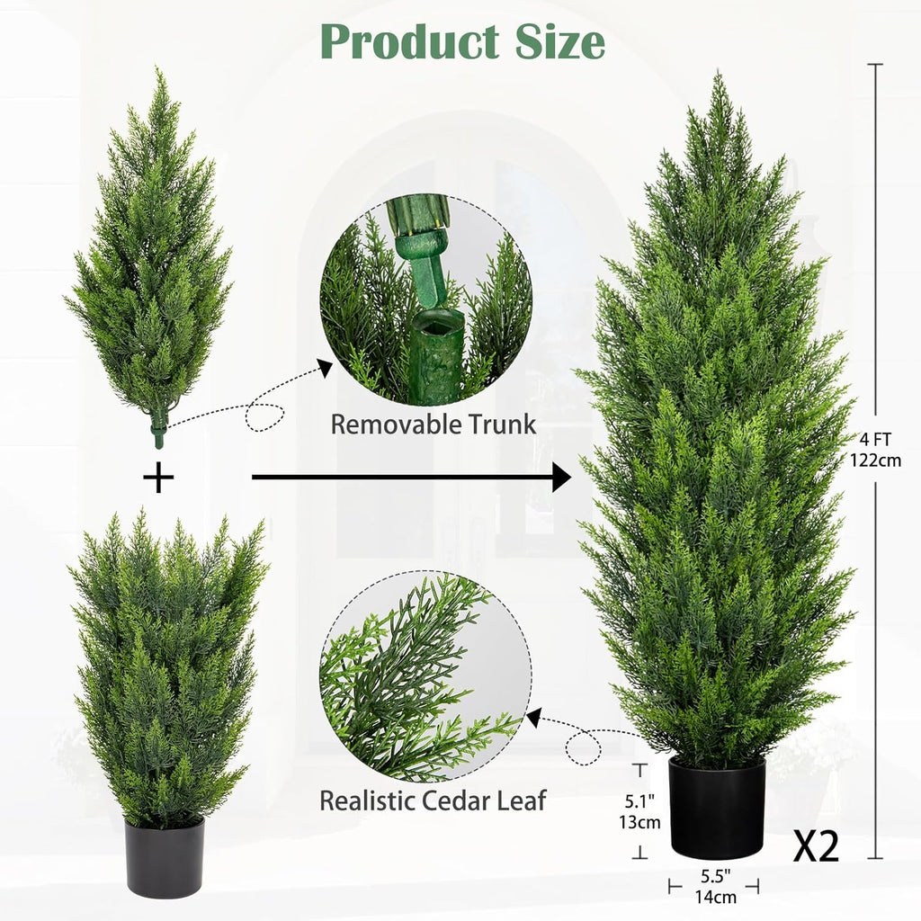 Briful 4ft Cedar Topiary Trees Artificial Outdoor Set of 2, Realistic Faux Cedar Pines with Pots, UV Resistant Christmas Greenery for Holiday Decor, Indoor Farmhouse Entryway Patio Door Plants