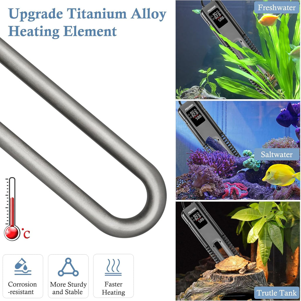 FEDOUR 600W 800W Titanium Aquarium Heater with External Controller, LED Digital Display Submersible Heater with Overheating Protection, for up to 220Gallon Fish and Turtle Tank (800W for up to 220Gal)