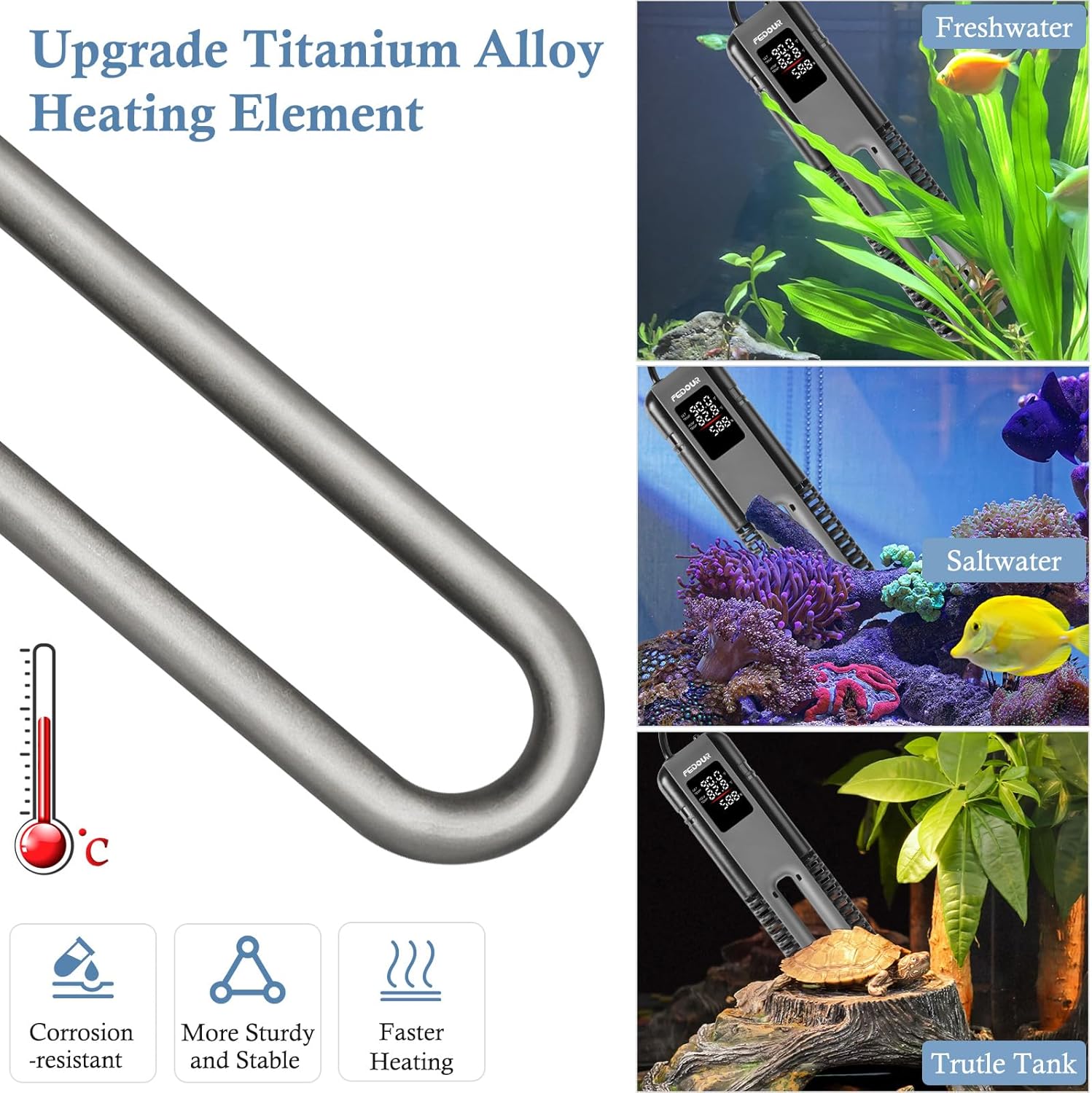 FEDOUR 600W 800W Titanium Aquarium Heater with External Controller, LED Digital Display Submersible Heater with Overheating Protection, for up to 220Gallon Fish and Turtle Tank (800W for up to 220Gal)