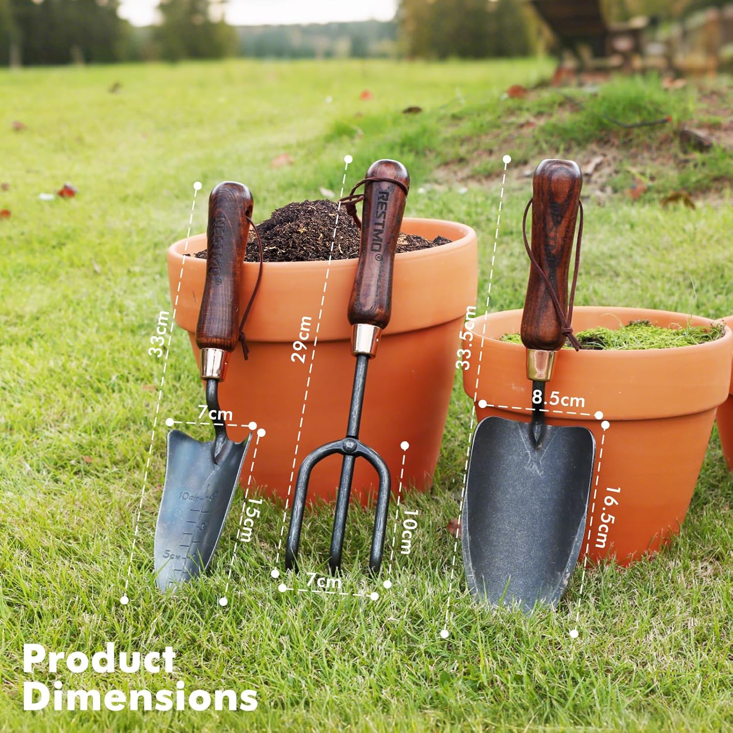 RESTMO 3-in-1 Heavy Duty Gardening Tools Kit, Premium Carbon Steel Garden Tools with Ergonomic Wooden Handle Includes Trowel, Transplanter, and Cultivator, Ideal Gardening Gifts for Women, Gardener