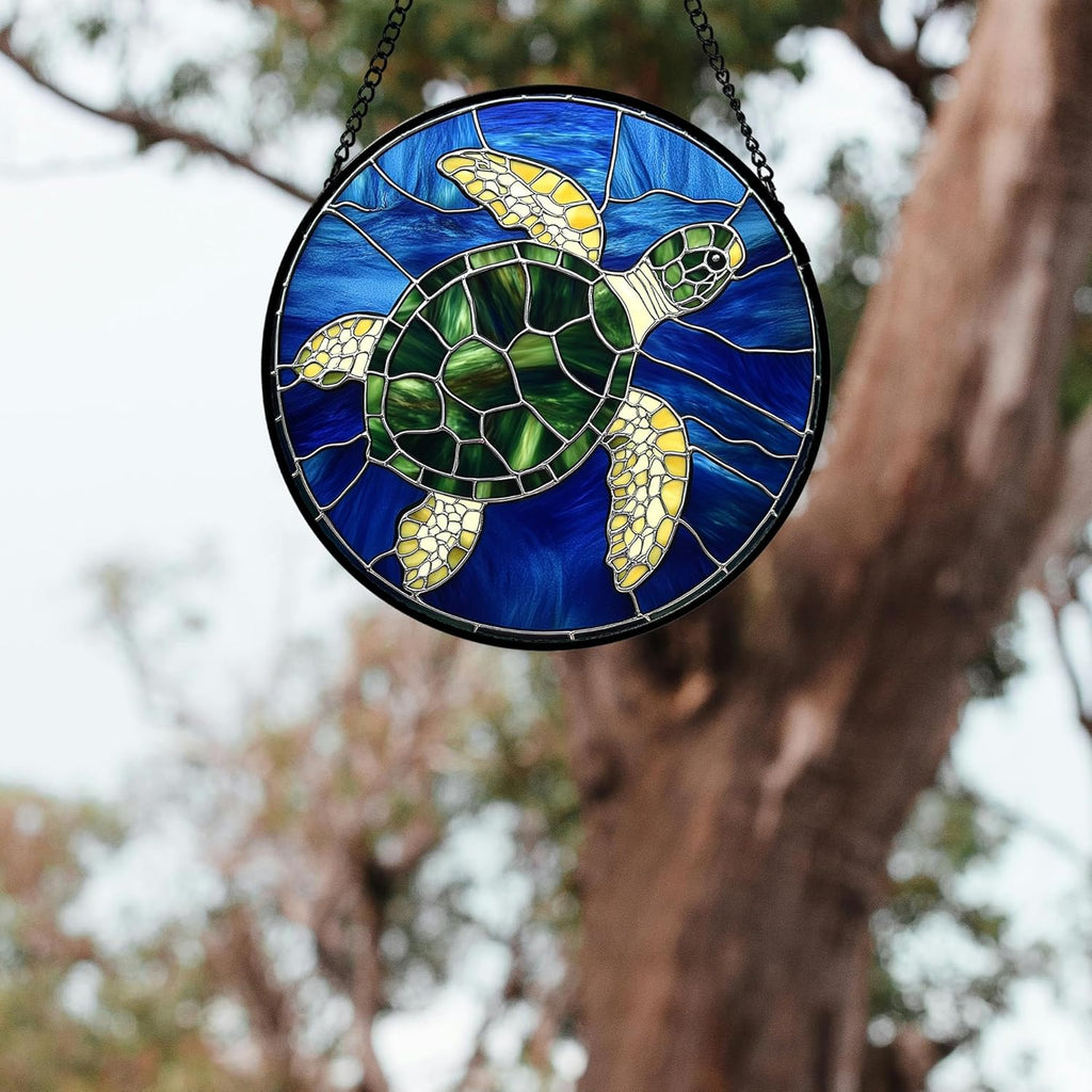 Stained Glass Window Hanging 4 Pcs Set Blue Ocean Turtle Dolphin Large 15" - Marine Life Suncatcher Garden Sun Catcher Decor Birthday Mother's Day for Mom Woman Nana Men