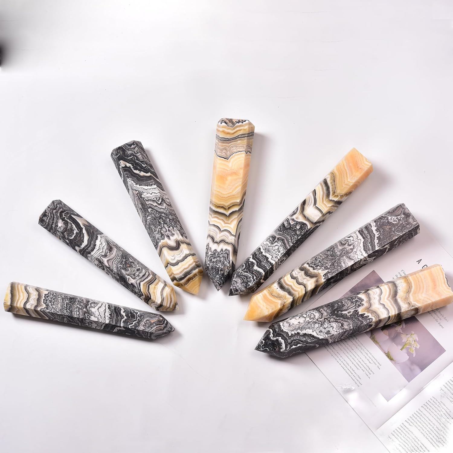 JIC Gem Large Black and Yellow Calcite Healing Crystal Wand Point 6 Faceted Obelisk Tower Reiki Chakra Meditation Therapy 1.7-2.2 Lbs