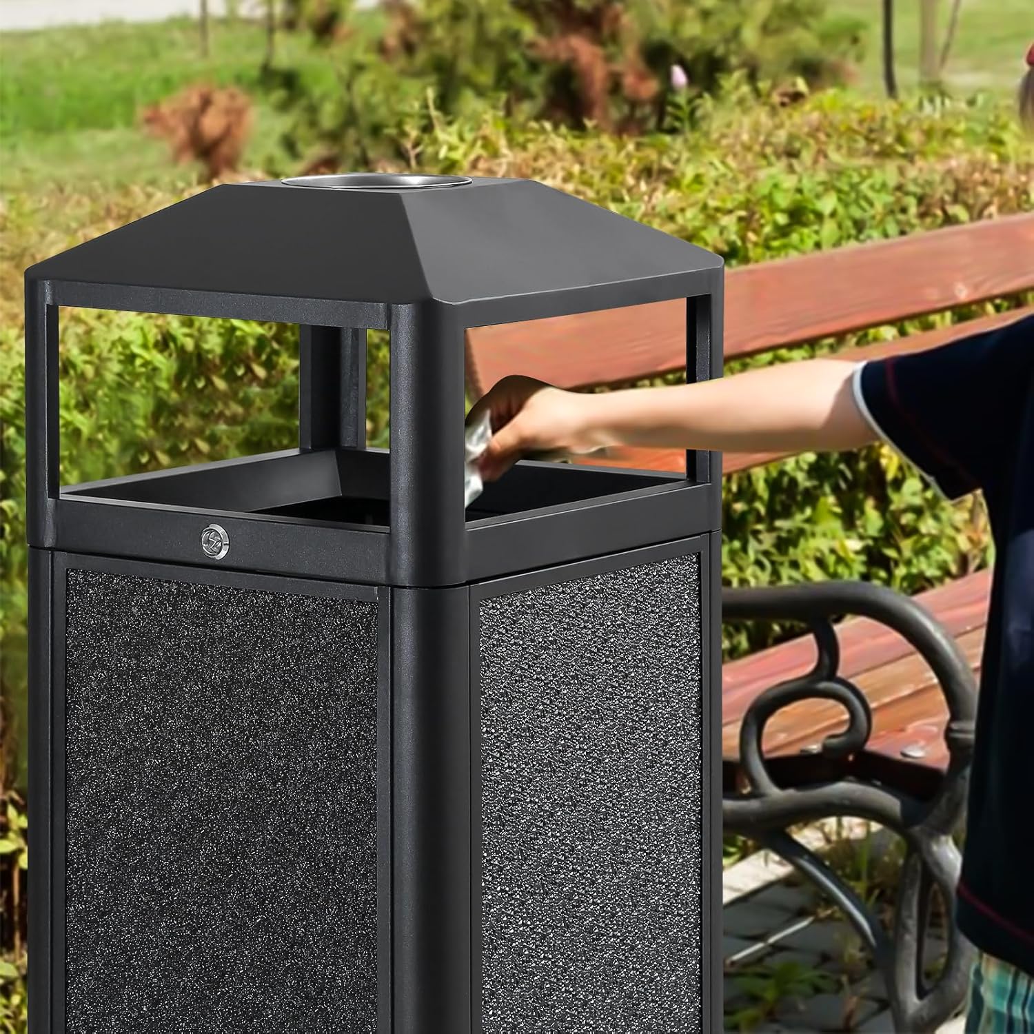 Commercial Square Receptacle Garbage Can with Dome Lid, W/Stylish Panels,Black, 15 Gallon