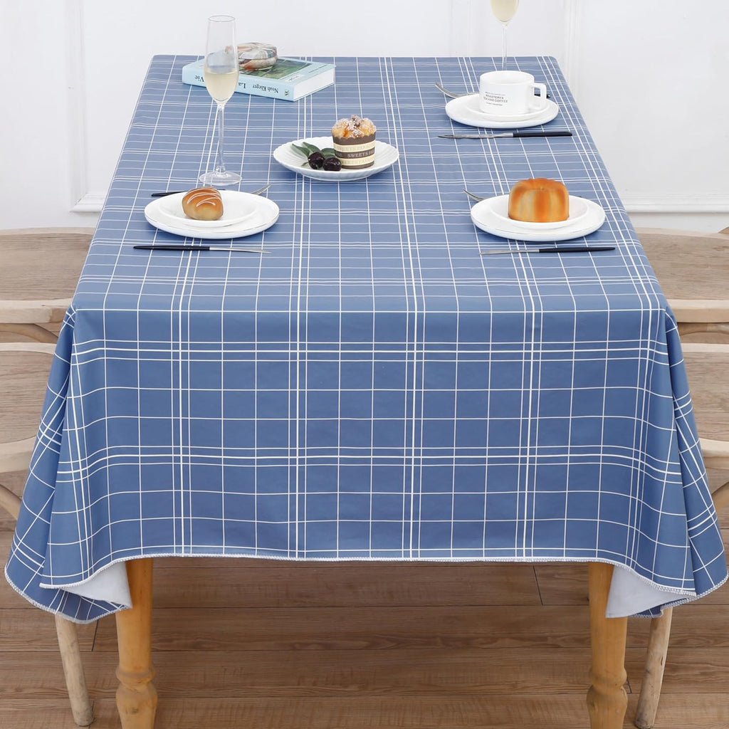 Heavy Duty Vinyl Tablecloth with Flannel Backing Waterproof Oil-Proof Plastic Table Cloth Stain-Resistant Wipeable Rectangle or Square Table Cover for Indoor and Outdoor (Blue Grid，60x102 Inch)