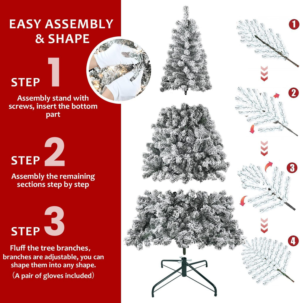 5FT Flocked Artificial Christmas Tree, Full Unlit White Christmas Tree with Premium PVC Branches, Realistic Snowy Look, Sturdy Metal Stand, Indoor Fake Snow Xmas Tree for Home Office Shops