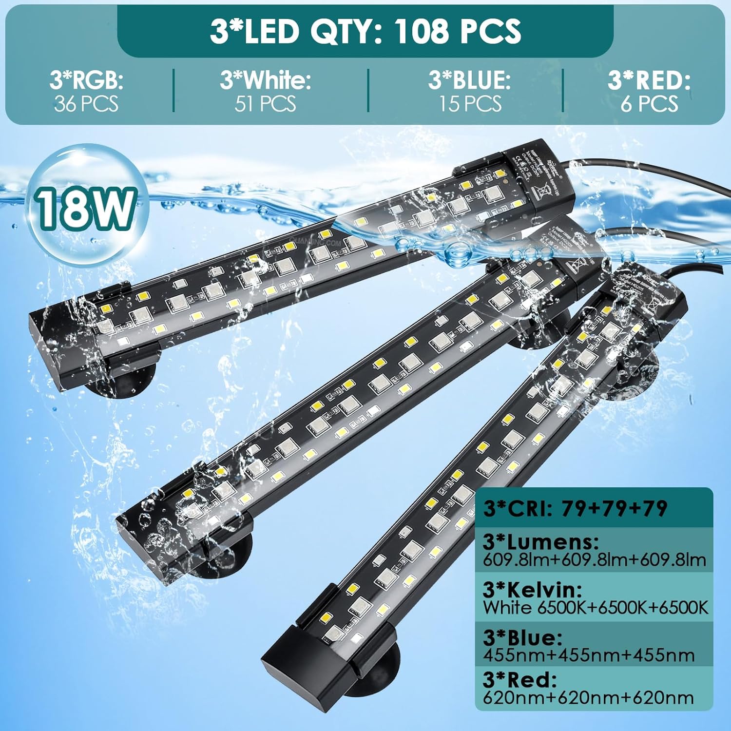 hygger Dual-Channel Controller Submersible Aquarium LED Light, 24/7 Mode Full Spectrum Hidden Fish Tank Light with 3 Rows Beads 7 Colors Auto On Off, Adjustable Timer Brightness (3)