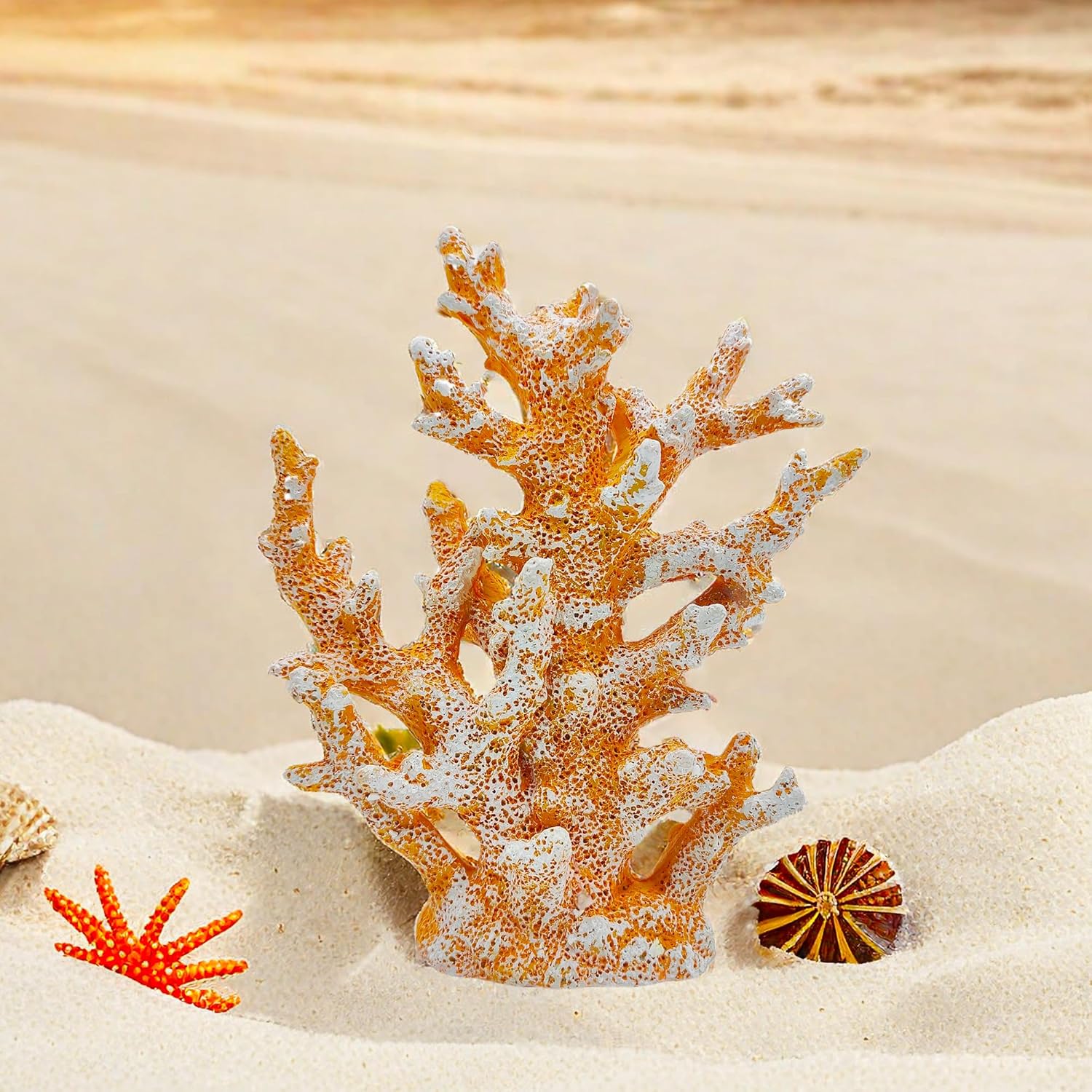 Beach Coastal Decor Coral Reef Home Decor Coral Statue Sculpture Home,Desk,Bathroom,Desktop Shelf Statue,Marine Themed Gifts (Golden Orange Coral)