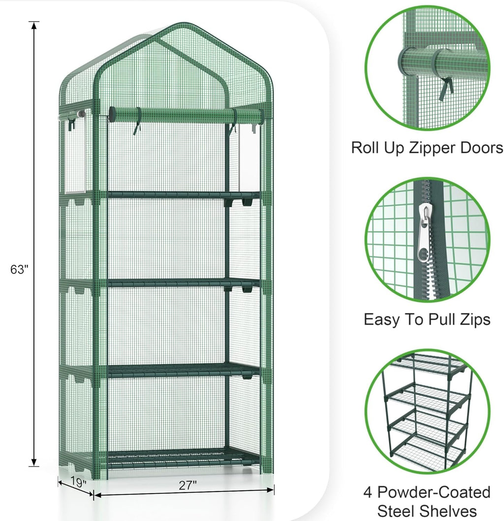 Mini Greenhouse 4-Tier Small Greenhouses for Outdoor Indoor 27"x19"x63" Portable Greenhouse w/ Screen Windows & Waterproof PE Cover Green House for Backyard Balcony Seedling Raising
