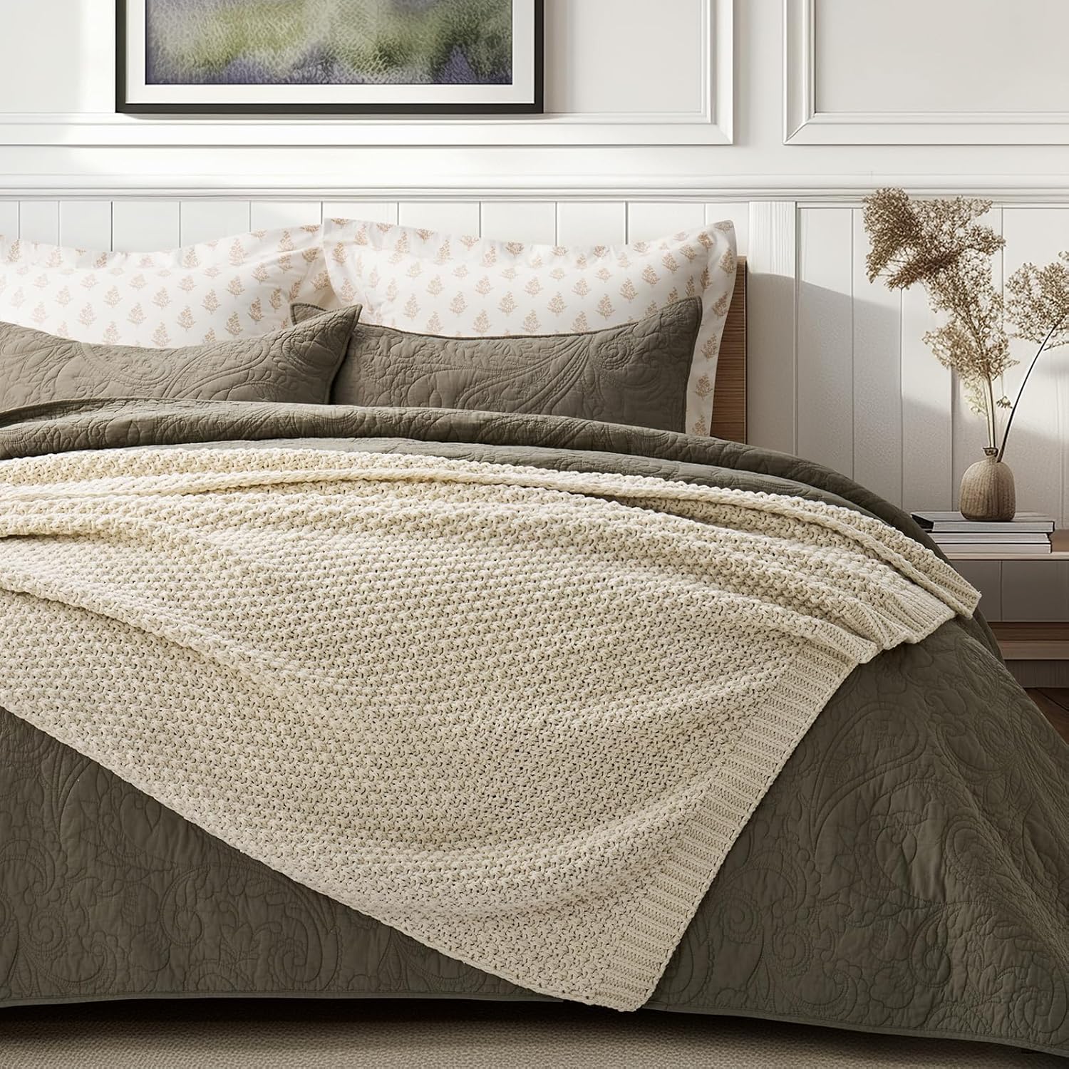 EVERGRACEHOME Chunky Chenille Knit Throw Blanket for Couch, Soft Luxurious Moss Stitch Blankets for Bed, Cozy Decorative Farmhouse Knitted Throws for Sofa, Beige, 50" x 60"