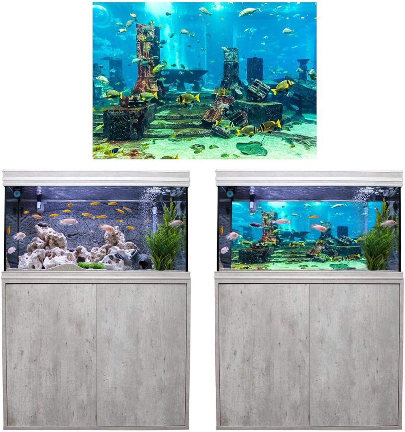 Aquarium Poster, Underwater City Ruins Background Sticker Thicken PVC Adhesive Backdrop Fish Decorative Paper(122×46cm)
