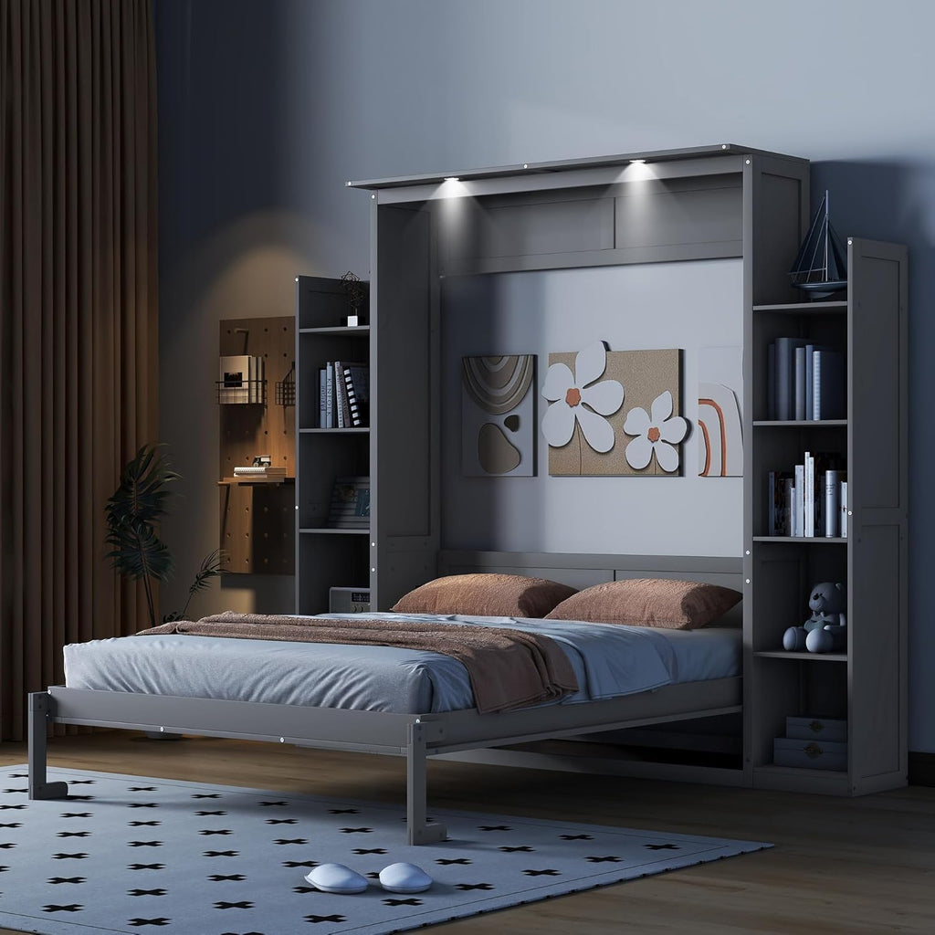 Queen Murphy Bed with Storage Shelves and LED Lights, Wood Grey Murphy Wall Bed Cabinet with Bookcase Bookshelf for Adults