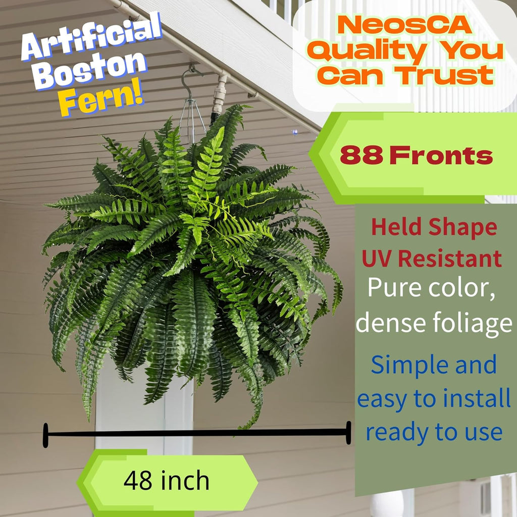 Giant Artificial Boston Ferns for Outdoors Large UV Resistant Lifelike Faux Fern, Realistic Silk Greenery Plants Large for Patio, Office, Home Decor, 88 Branches, 48 in Fake Fern Natural Green
