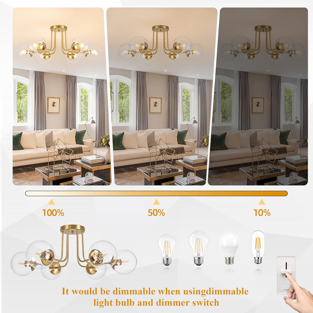 KoKo&Yukina 6-Light Mid Century Ceiling Light Modern Semi Flush Mount Ceiling Light Fixture Globe Ceiling Light with Clear Glass Shade Brushed Brass Finish for Bedroom Hallway Dining Room Living Room
