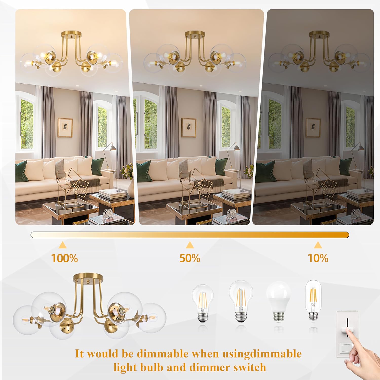 KoKo&Yukina 6-Light Mid Century Ceiling Light Modern Semi Flush Mount Ceiling Light Fixture Globe Ceiling Light with Clear Glass Shade Brushed Brass Finish for Bedroom Hallway Dining Room Living Room