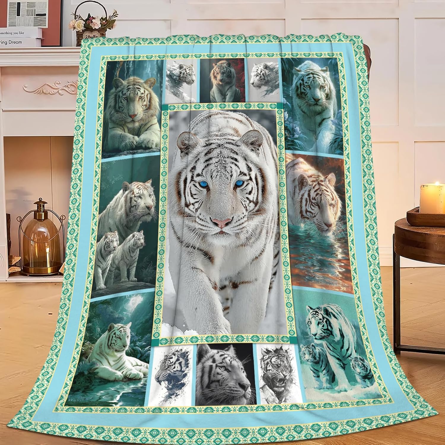White Tiger Throw Blanket White Tiger Stuff Gifts for Kids Girls Boys Adults Women Men Soft Cozy Warm Plush Fluffy Fuzzy Fleece Blanket Decor 60''X80''