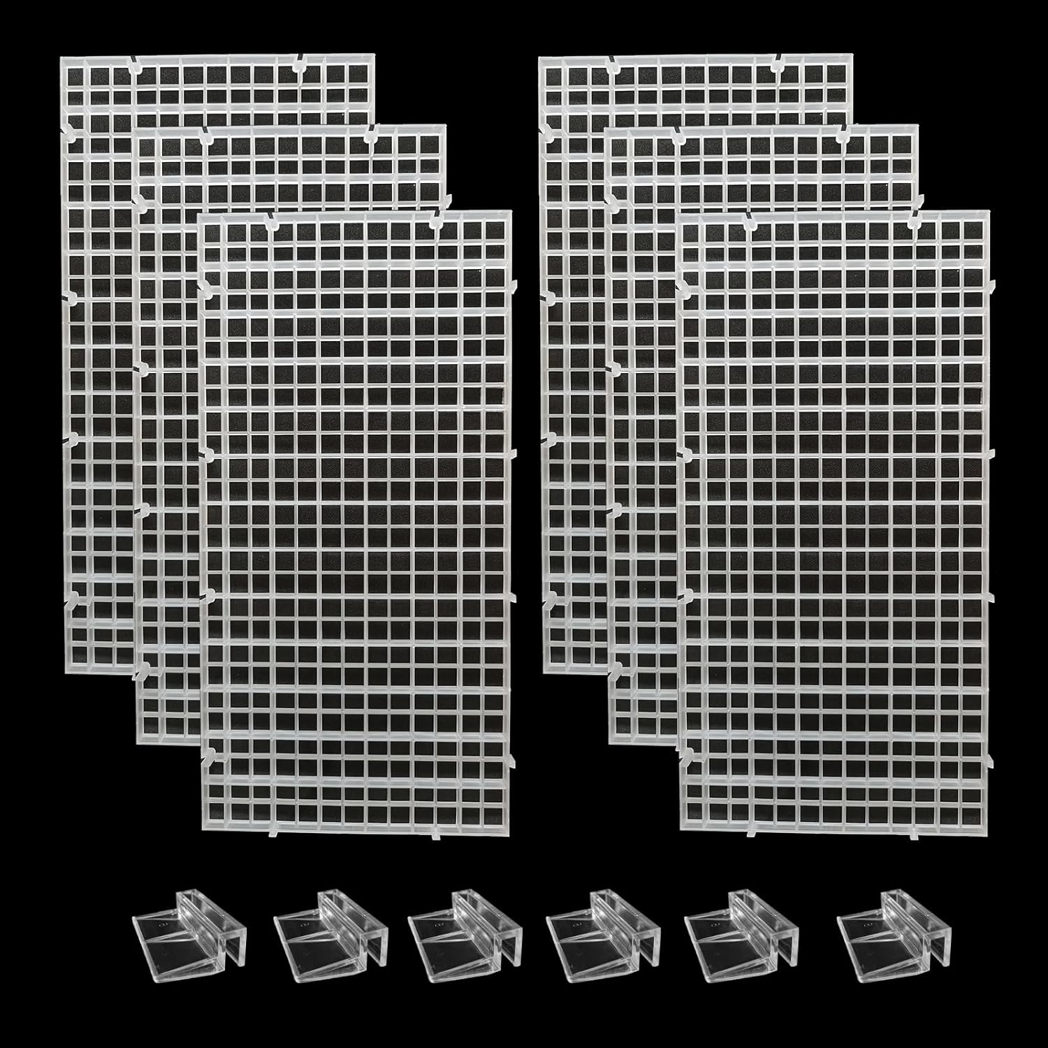6 PCS Aquarium Fish Tank top Cover lid Divider Plastic Grid Panel Egg Crate Grate Bottom Isolation Filter Tray Separation Hoods with Acrylic Clear Clips Holder
