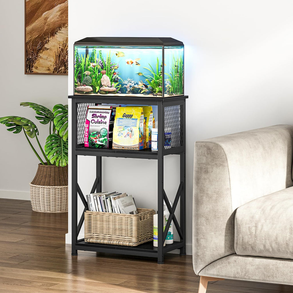 Snughome 10 Gallon Aquarium Stand with Storage, 3 Tier Heavy Metal Fish Tank Stand Shelf 20.47" x 11.42" x 30.91", Black