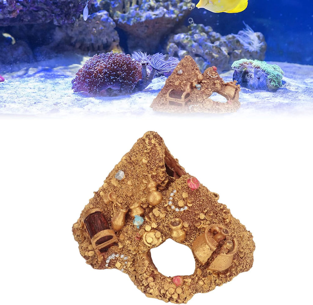 Aquarium Decoration Cave, Fish Tank Gold Mountain Simulation Resin Aquarium Treasure Mountain Hideouts Decoration for Freshwater Saltwater 4.3 x 4.7 x 5.9 inch