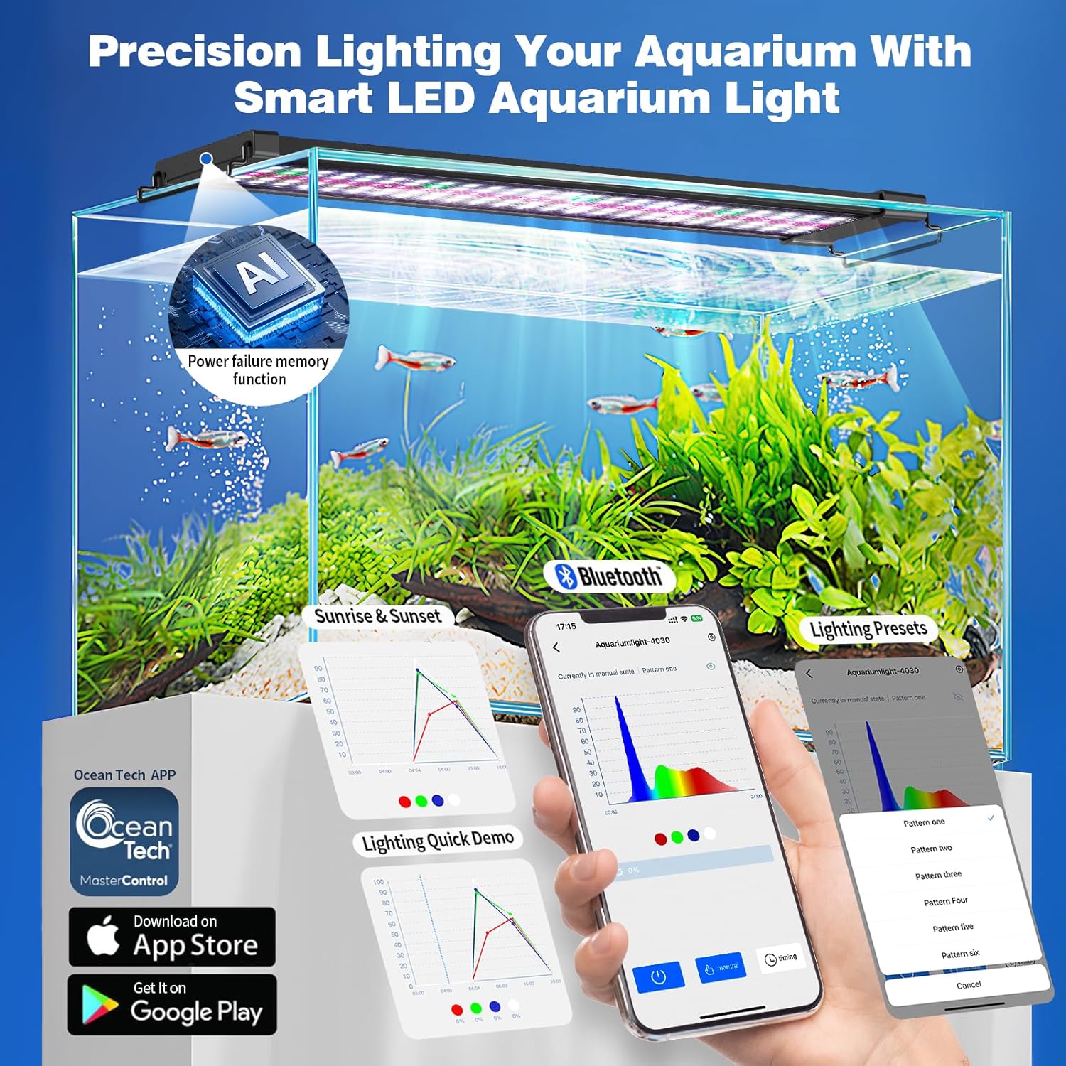 Bluetooth LED Aquarium Light with APP Control, 3 Modes for 30-36 Inch Fish Tank Light with Full Spectrum White Blue Red Green Lights, IP68 Waterproof with Extendable Brackets for Freshwater