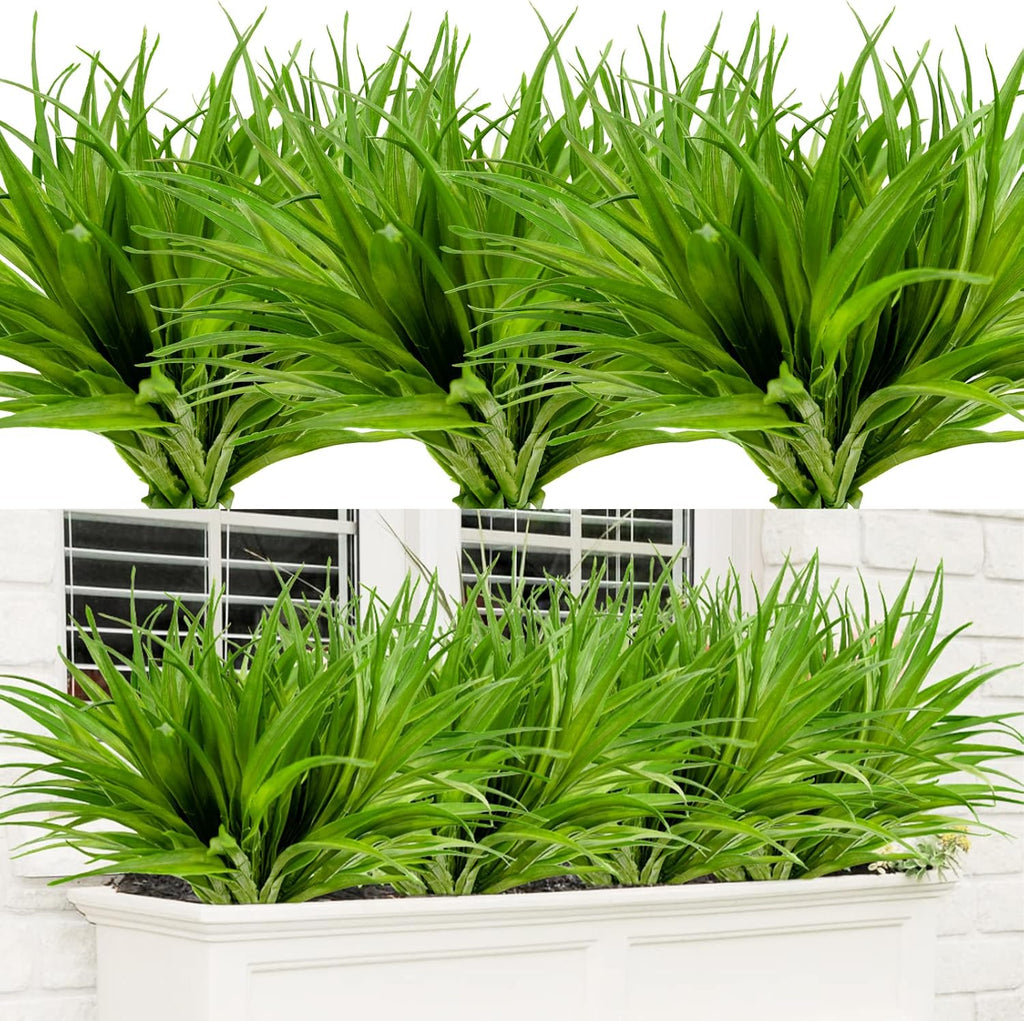 24Pcs Artificial Grass Plant Fake Outdoor Plastic Plants UV Resistant Faux Grasses Greenery Shrubs for Window Box Garden Patio Porch Home Decor Green