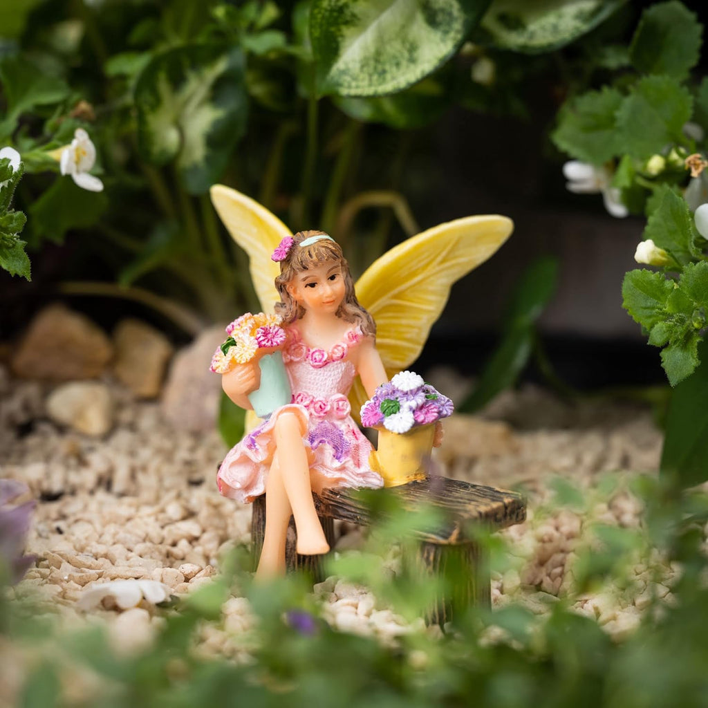 PRETMANNS Fairy Garden Fairy – Adorable Accessory for Indoor or Outdoor Miniature Garden – Small Figurine Isabella Sitting on a Bench – 1 Item
