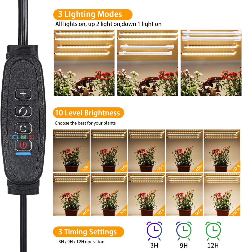 8.6 Inches LED Plant Growing Light Strips, Full Spectrum 3000K Grow Light for Indoor Plants with 3/9/12H Timer, 10 Dimmable Levels for Seedling Succulent and Plant Shelf (4 Head×2pcs)