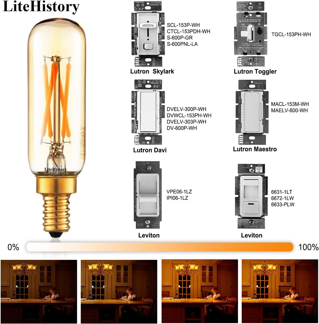 LiteHistory Dimmable T6 led Bulb 40W Candelabra led 2200K Amber 250lm 4W e12 T25 led Bulb 6Pack