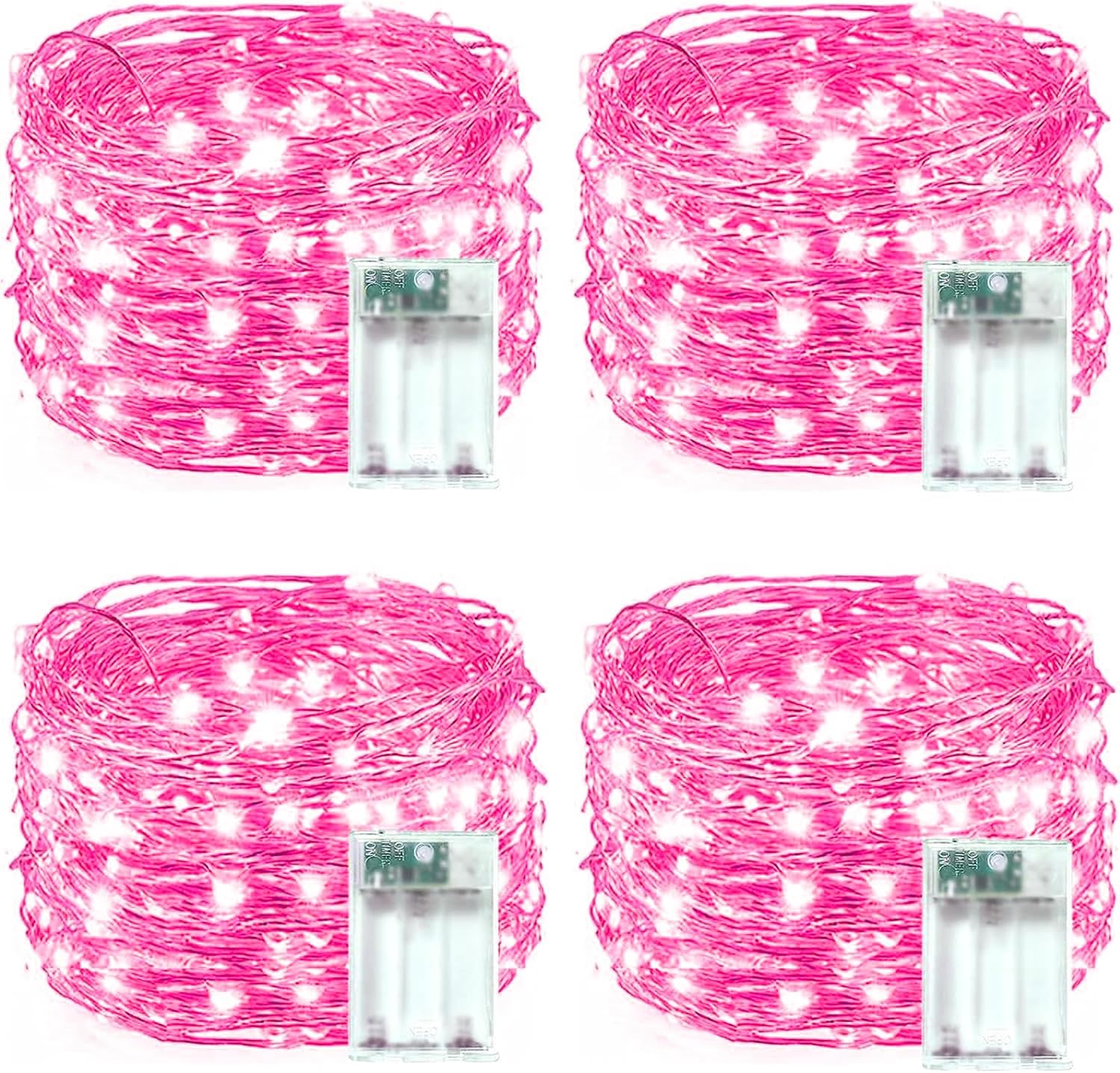 4 Pack 60 LED Christmas Fairy Lights Battery Operated with Timer, 20FT Waterproof Twinkle Lights Indoor Outdoor, String Lights for Bedroom, Wedding, DIY, Centerpiece, Christmas Decorations(Pink)
