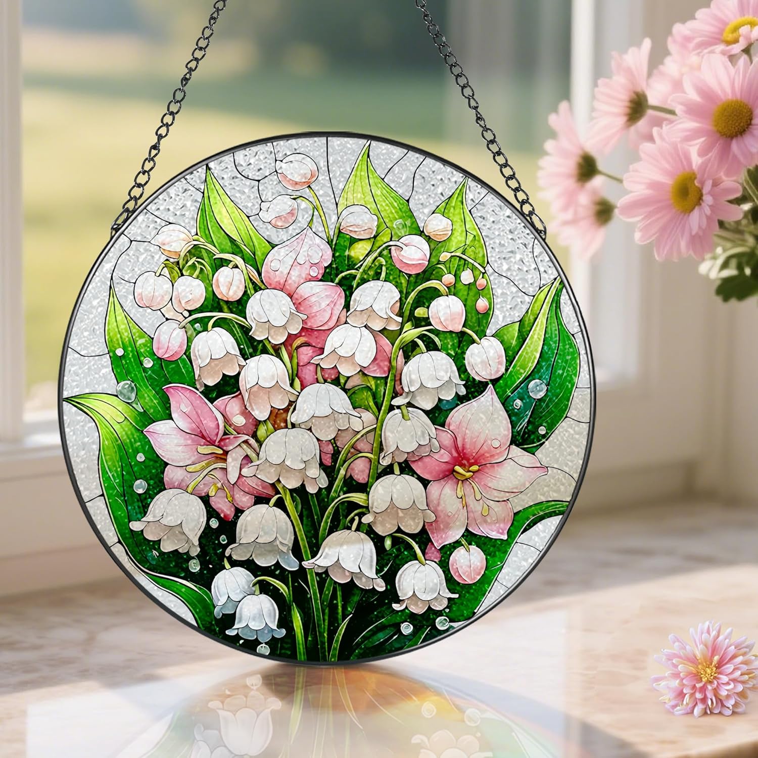 8-Inch Stained Glass Ornament, Stained Glass Window Hanging, Window Hanging Decor Suncatcher, The Valley Lily Flower Ornament | Holiday, Mother's Day, Birthday | Gifts for Flower Lovers, Mom & Grandma