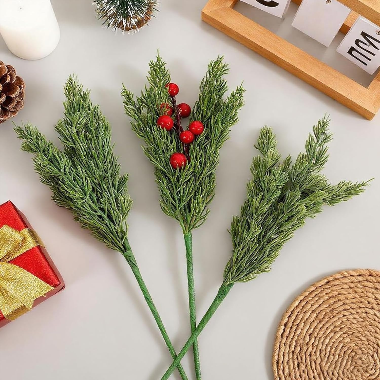 Artificial Pine Branches 17.7" Faux Cedar Pine Stem Fake Greenery Pines Picks with Red Berries Suitable for DIY Christmas-Themed Decorations and Styles
