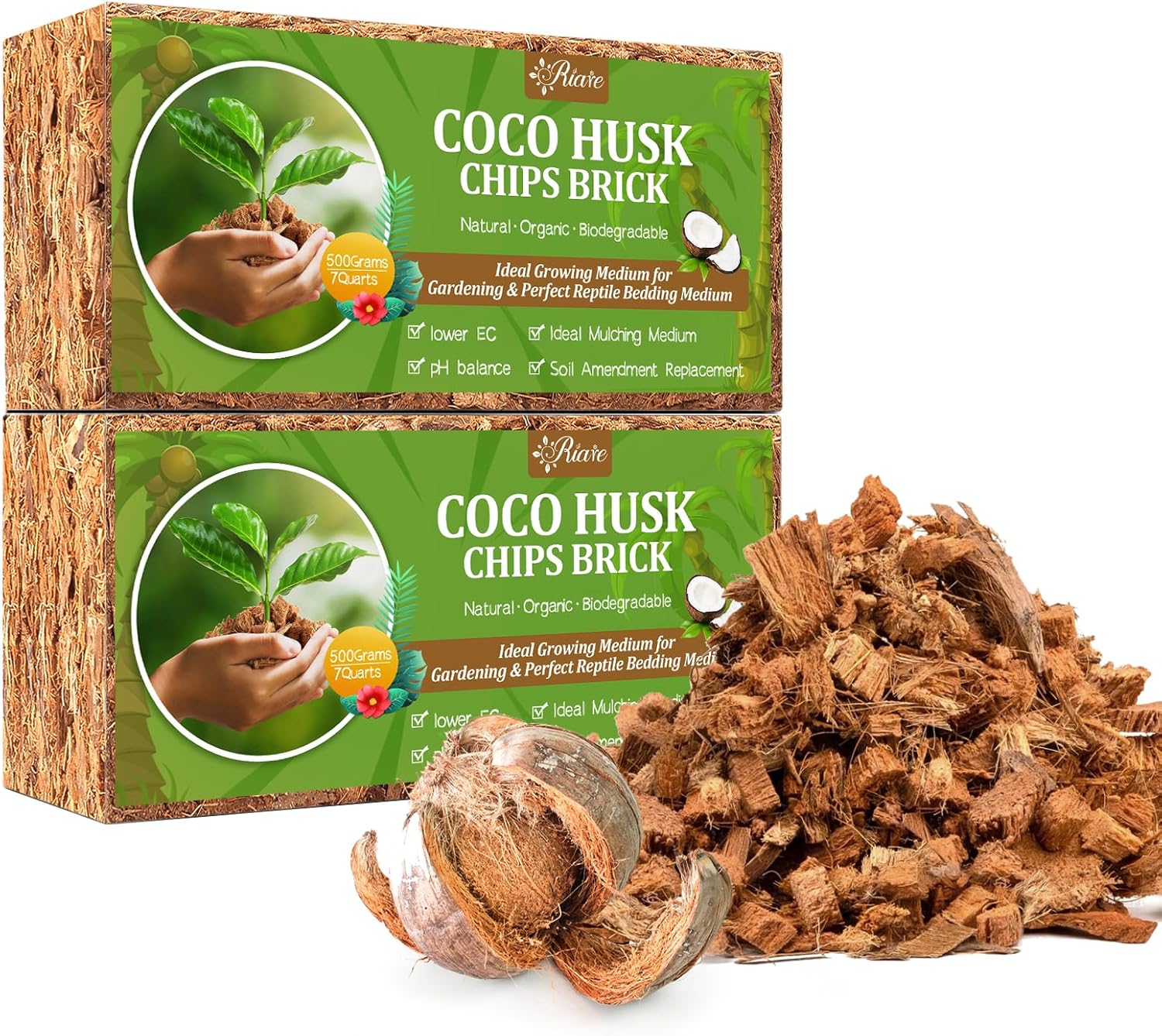 Riare 2 Pack Coco Chips Substrate for Plants- 2.2lb 100% Organic Coconut Husk Brick with Low EC and pH Balanced, High Expansion Coconut Substrate Coco Husk Mulch for Garden Flowers, Herbs, Planting