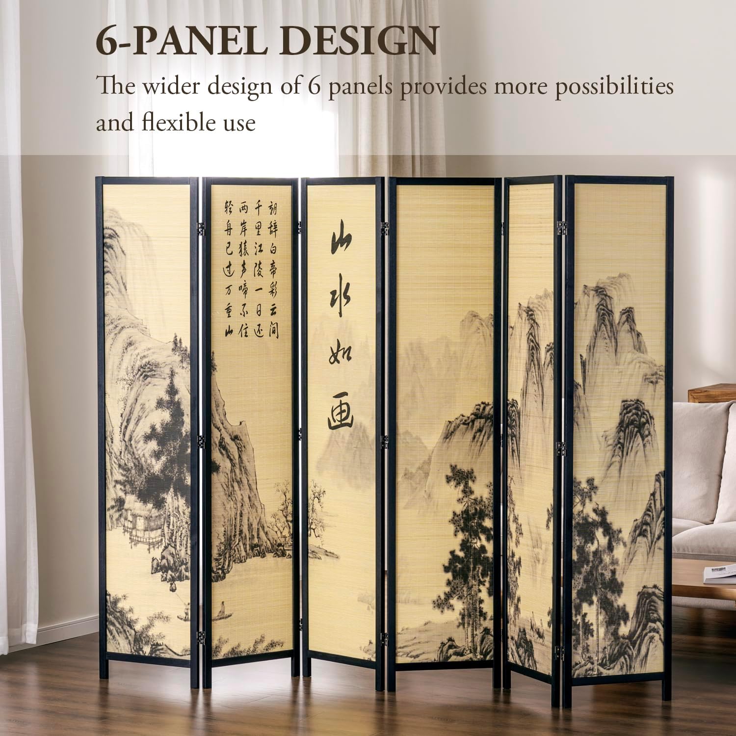MyGift Decorative 6 Panel Folding Room Divider Bamboo Screen with Chinese Calligraphy Design, 6FT Freestanding Floral Artwork Room Partitioner with Black Wood Frame 94.5''W x 69''H