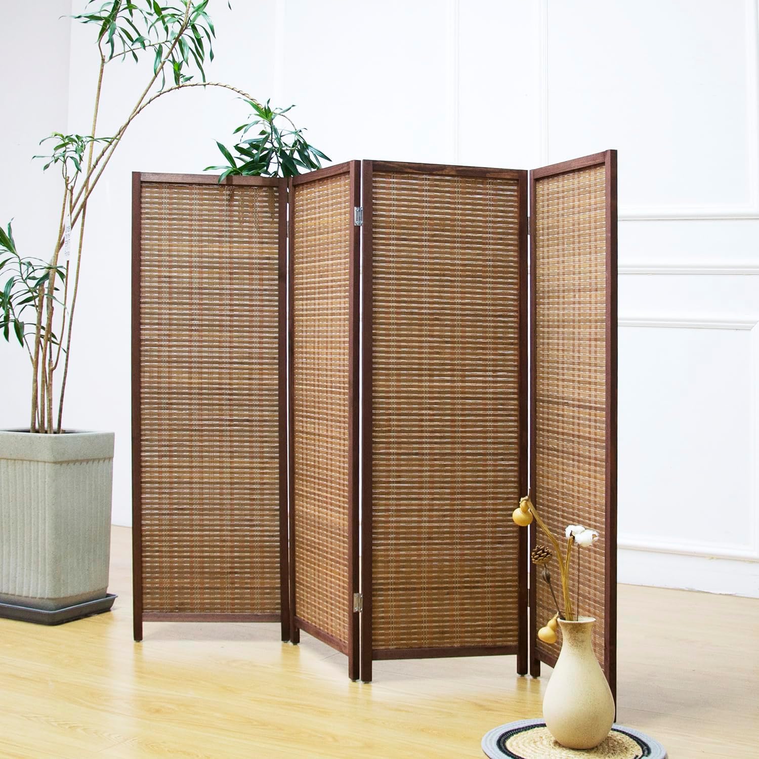 4 Panel Room Divider Short Folding Screen Divider,Double Sided Bamboo Divider Screen for Room Separation,Brown,47.2" H x 61.4" W
