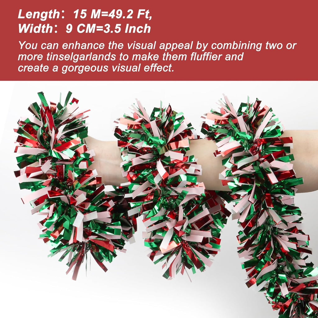 50 Feet Red Green White Christmas Tinsel Garland Metallic Twist Shiny Hanging Garland for Christmas Tree Decorations Xmas Holiday Garland for Home Indoor Outdoor Party Supplies Decor - Red Green White