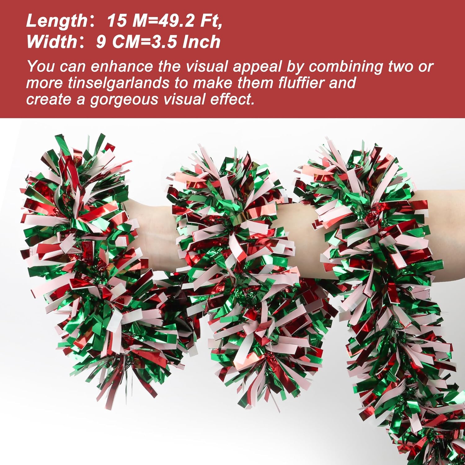 50 Feet Red Green White Christmas Tinsel Garland Metallic Twist Shiny Hanging Garland for Christmas Tree Decorations Xmas Holiday Garland for Home Indoor Outdoor Party Supplies Decor - Red Green White