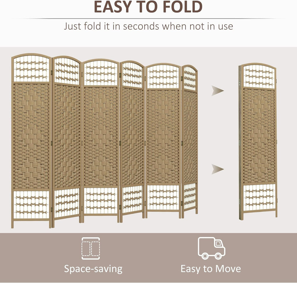 HOMCOM 6 Panel Room Divider, Folding Privacy Screen, 5.6' Room Separator, Wave Fiber Freestanding Partition Wall Divider, Natural